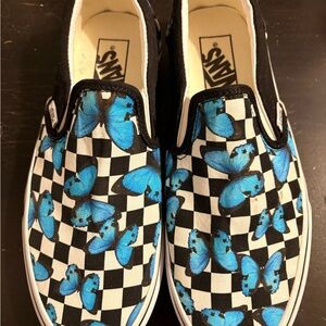 Vans Black and Blue Butterfly Checkered Slip-Ons